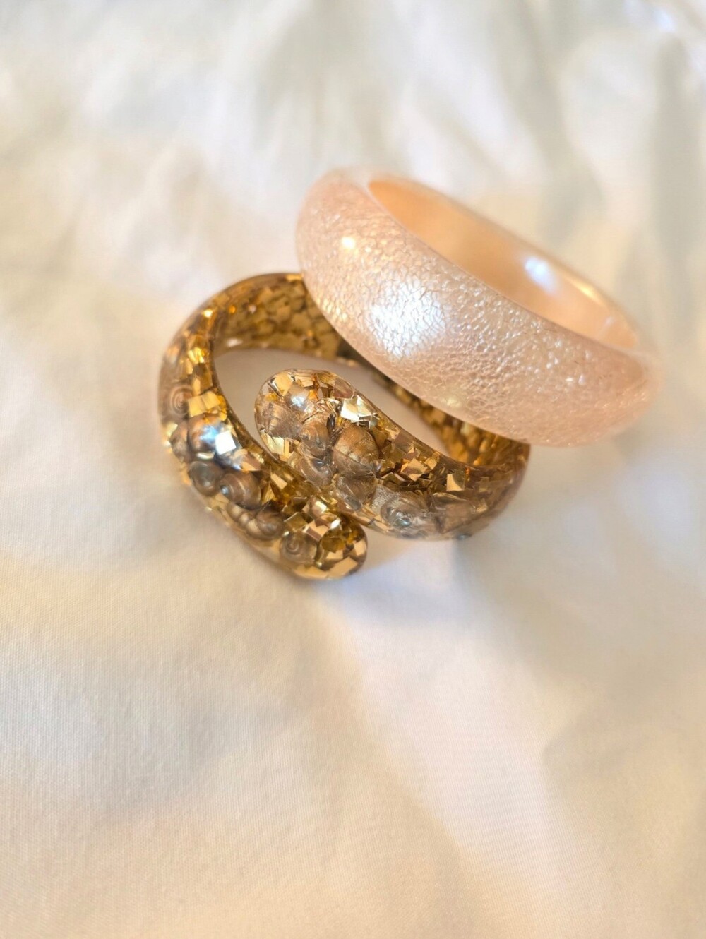 Vintage Pink and Gold Lucite Bangle Set - Women Jewelry